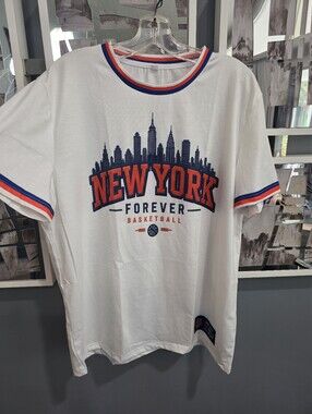 New York Forever Basketball Graphic Tee - White with Blue & Orange. Large. New
